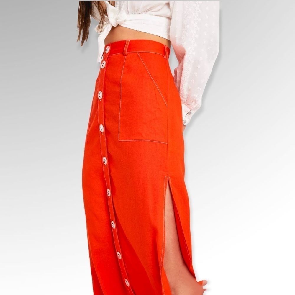 Urban Outfitters Lindsey Linen Blend Midi Skirt Orange M - Picture 3 of 9